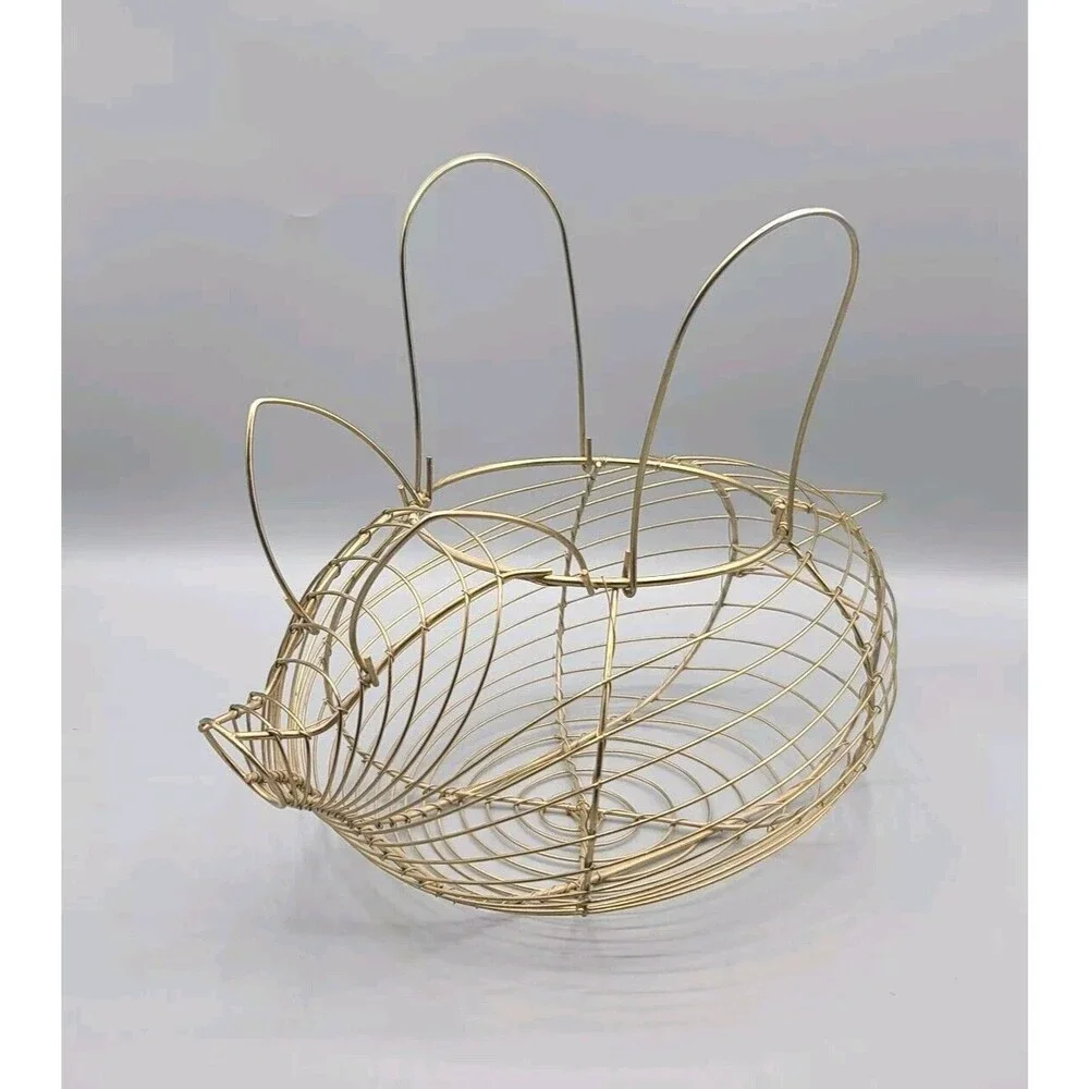 Vintage Pig Shaped Egg Basket Made of Gold Tone Metal Wire Farm House Decor